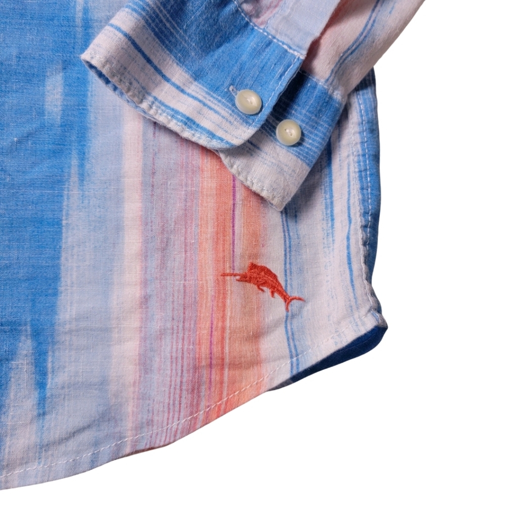 Tommy Bahama Blue & Orange Striped Linen Blend Button-Down Shirt XXL - Picture 6 of 7